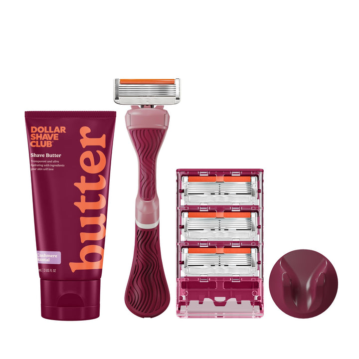 Dollar Shave Club front packaging shows full shave set and contents for easy start