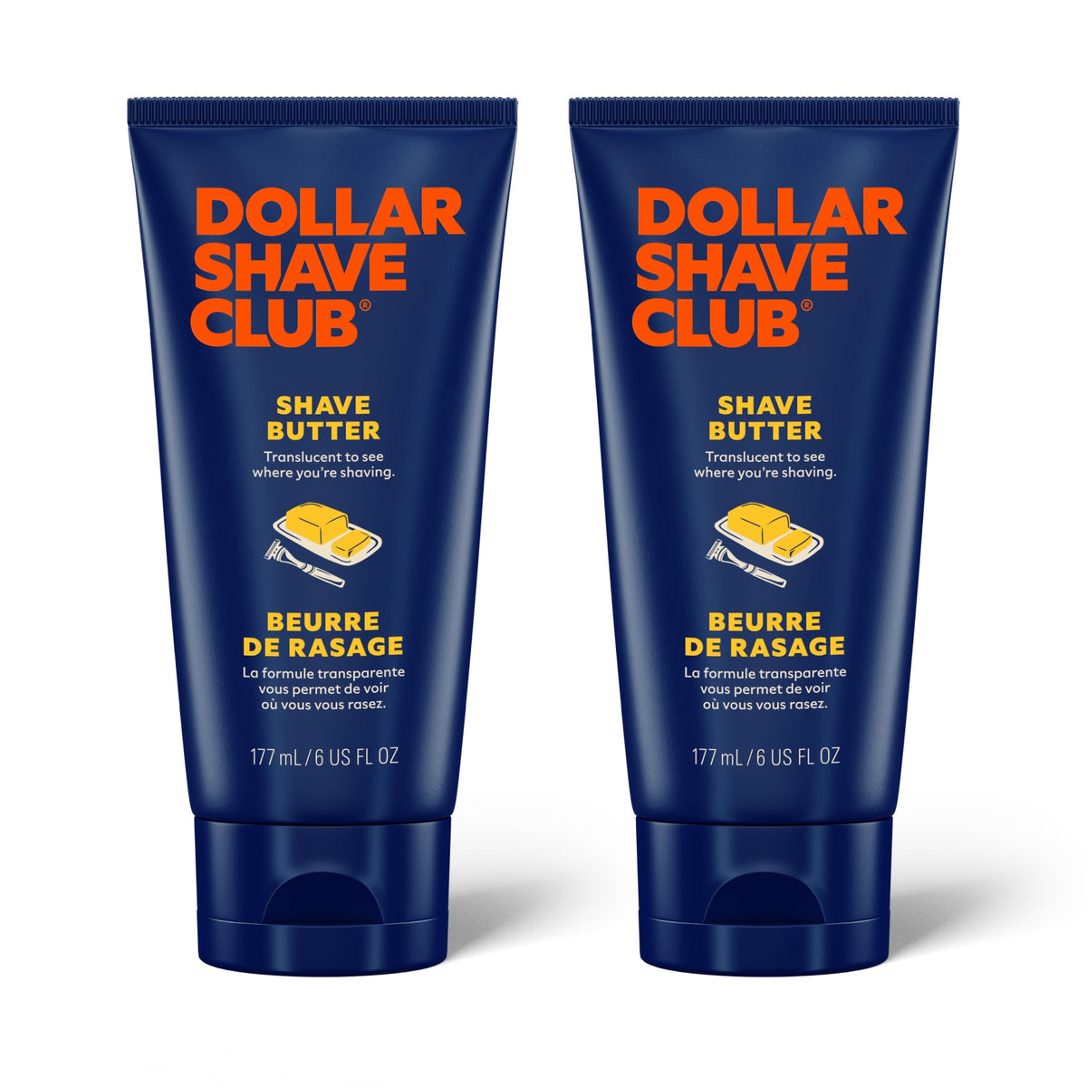 Dollar Shave Club front-packaging showing two 6 oz shave butter tubes for convenience