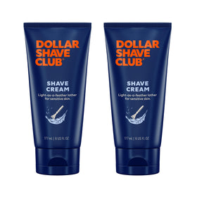 Dollar Shave Club front packaging showing two 6 oz shave cream tubes and clear labeling for convenience