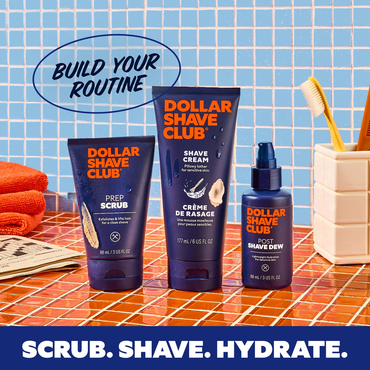Dollar Shave Club tubes packed in a travel toiletry bag to show convenient 6 oz size for trips