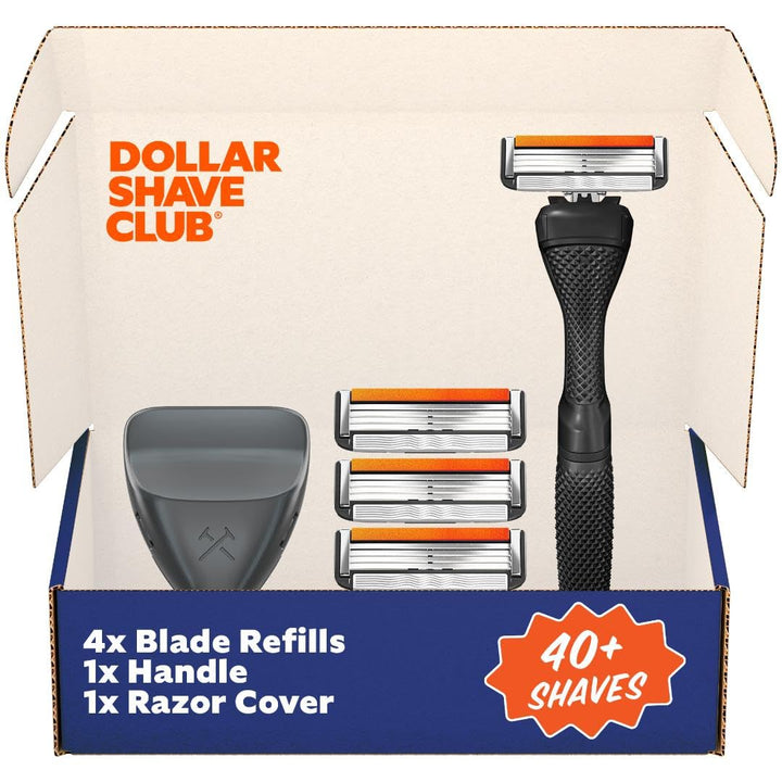 Dollar Shave Club travel set front showing contents and compact packaging benefit