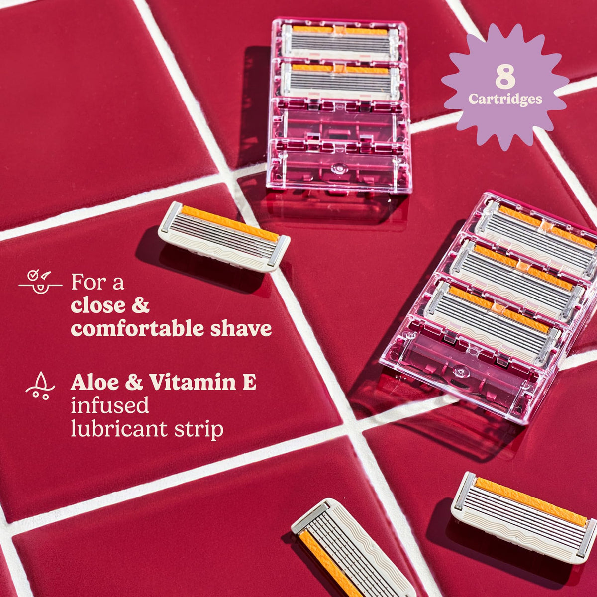 Close-up of six stainless steel blades on Dollar Shave Club refill demonstrating precision