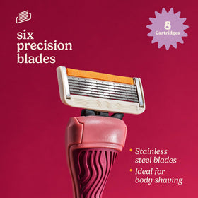 Dollar Shave Club cartridge attached to handle showing easy snap-on installation benefit