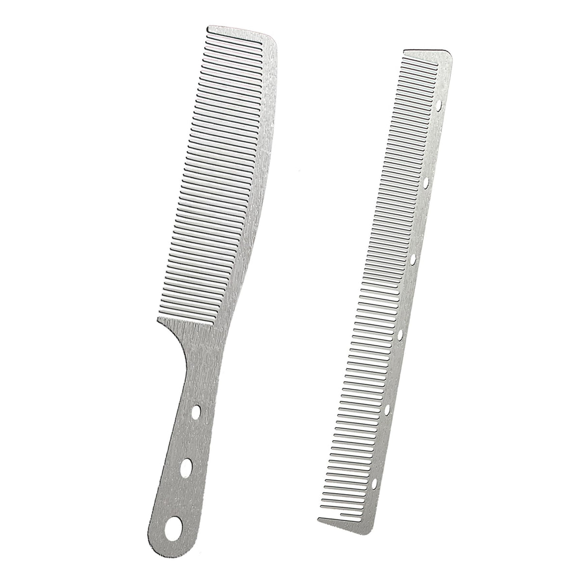 Dolmifapro front view of two stainless steel combs showing elegant wood-grain handles and durability