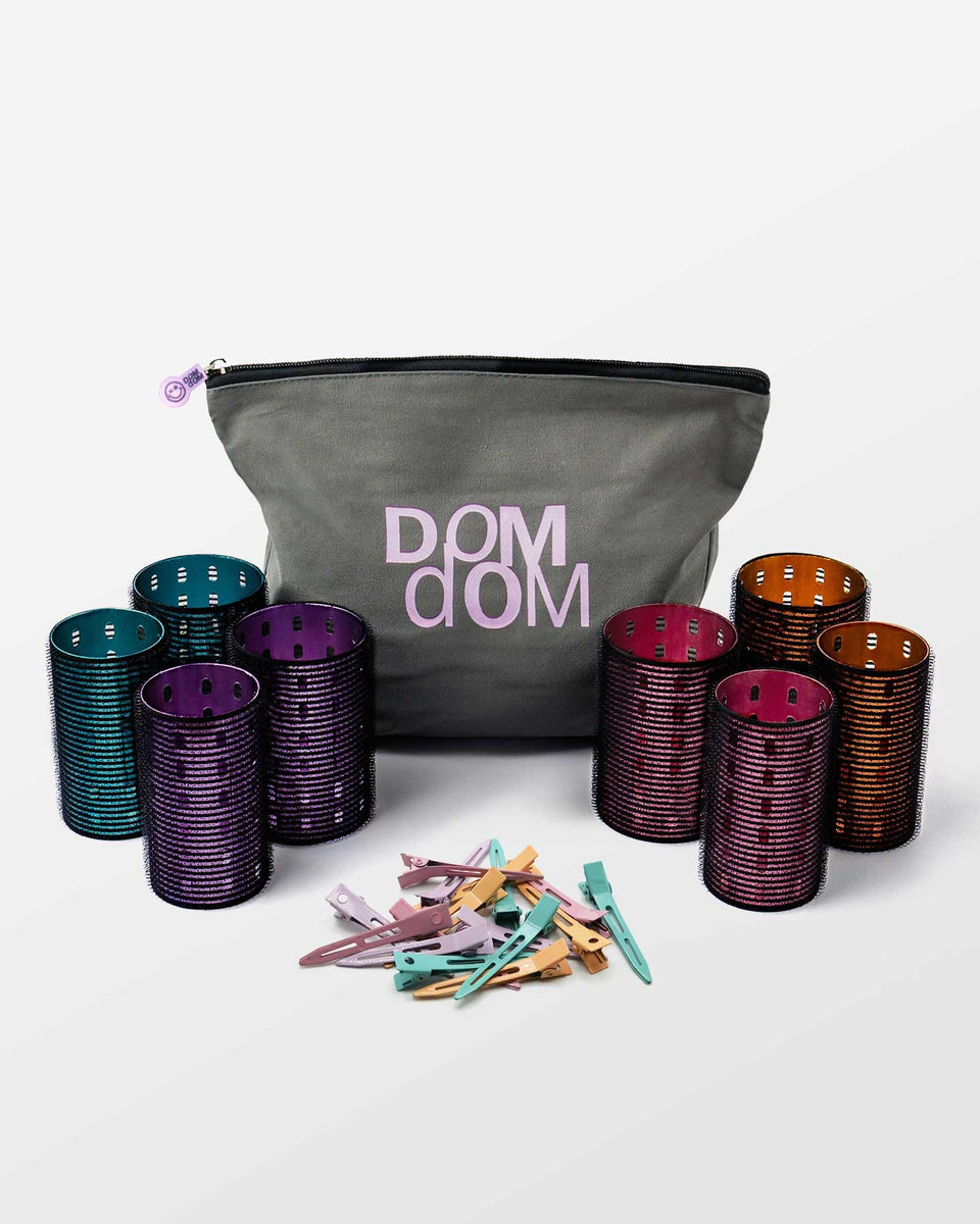 Dom Dom front view of roller set showing rollers clips and bag for easy storage
