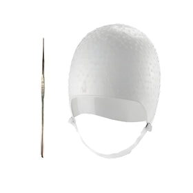 Dompel silicone cap front view showing snug fit and durable material benefit