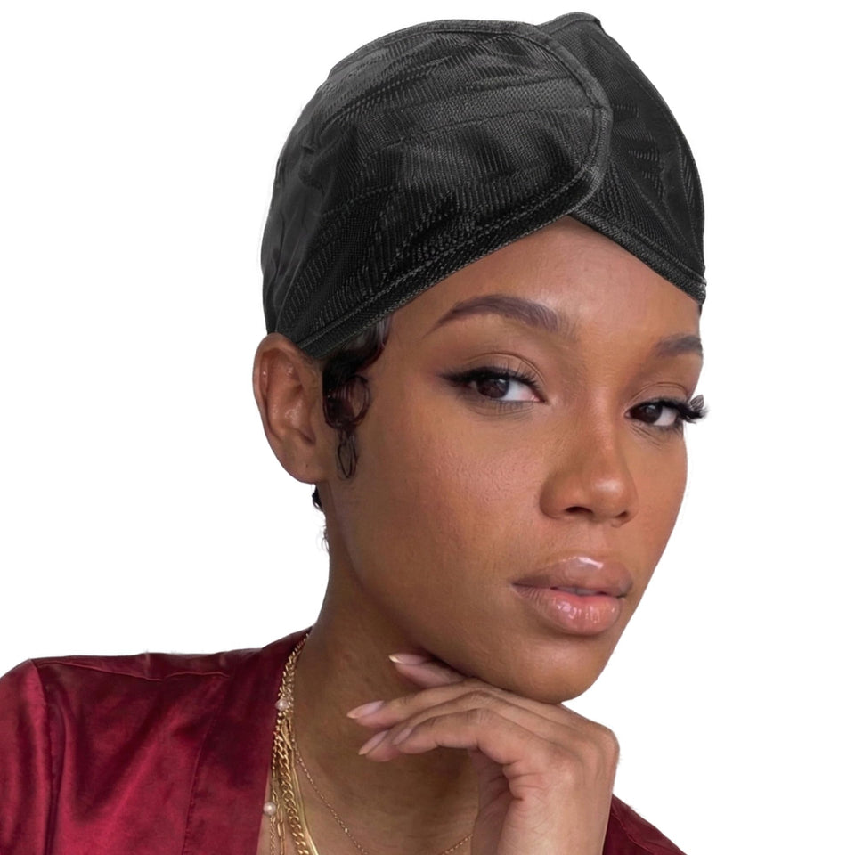 DONNA front view of black pixie wrap showing sleek fit and protection