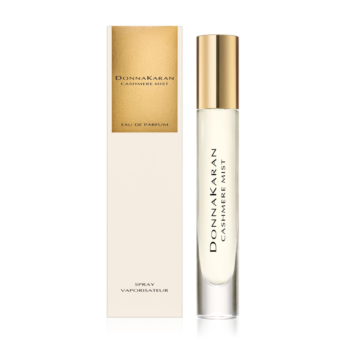 Donna Karan Cashmere Mist front bottle view showing elegant compact design and portability