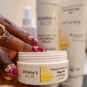 Donna's Recipe jar next to travel pouch illustrating compact, portable convenience