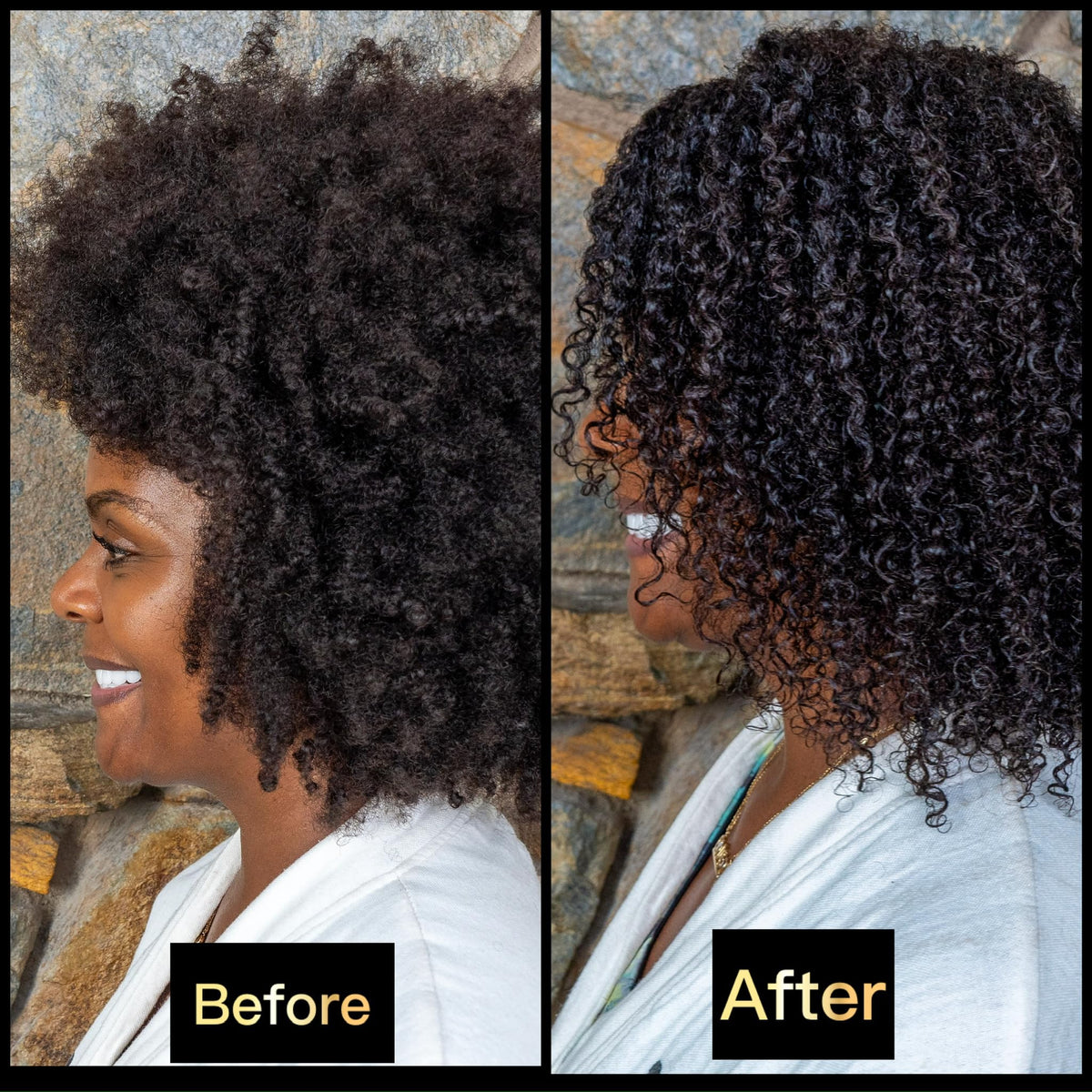 Donna's Recipe applied to wet hair demonstrating definition and reduced frizz