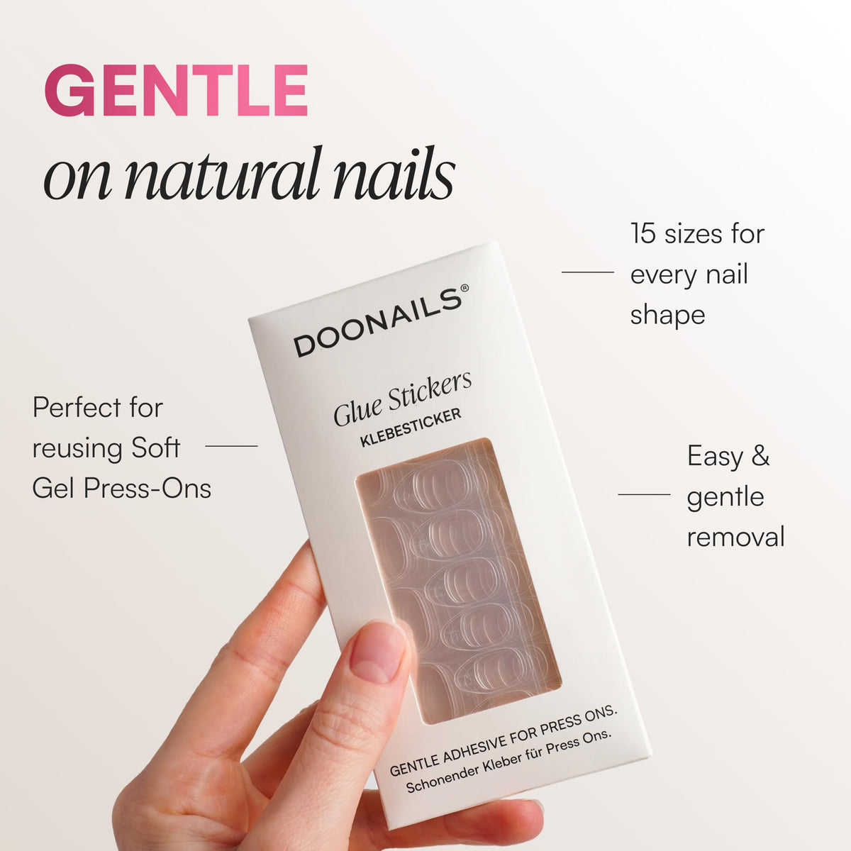 DOONAILS tabs next to a hand for size comparison and tailored fit benefit