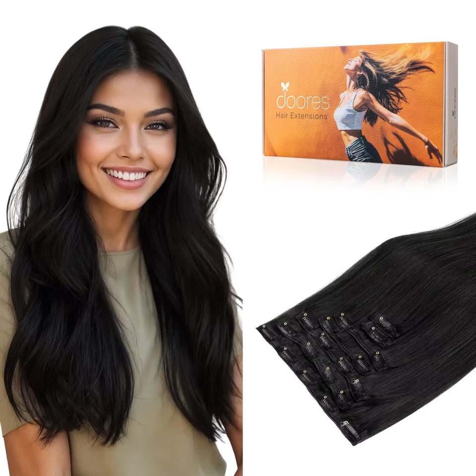 DOORES packaging front view showing jet black set and benefits of instant length