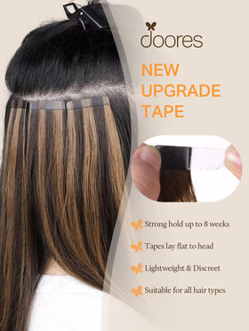 DOORES transparent tape detail emphasizing strong, hypoallergenic adhesive