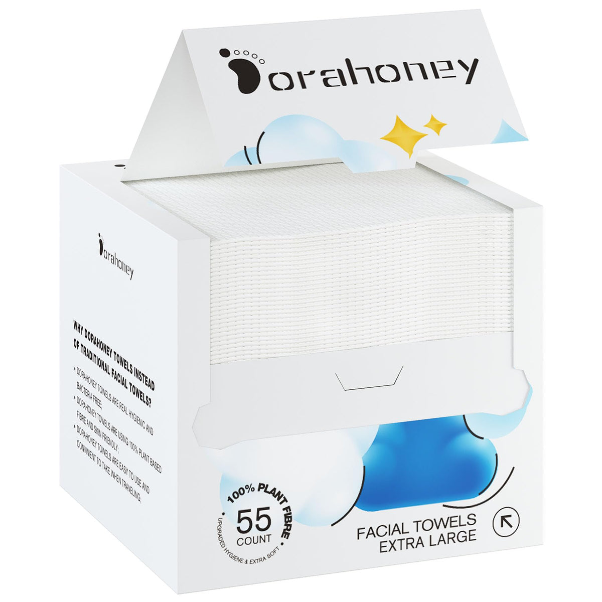 DORAHONEY front packaging showing 55-count biodegradable face towels and benefits