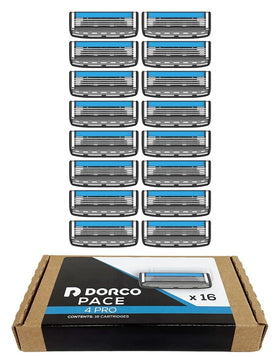 DORCO Pace 4 front packaging showing 16 cartridges and value savings