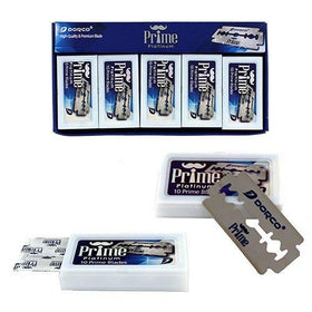 DORCO blades staged with razor and brush showing ready-to-shave setup