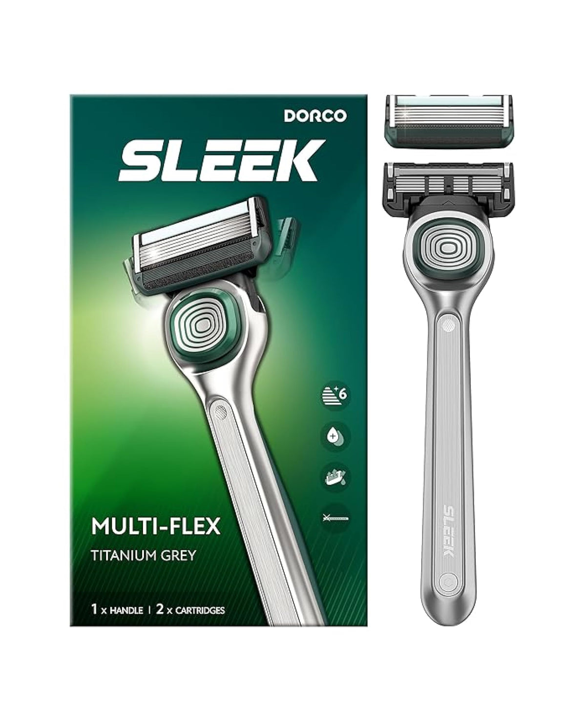 DORCO sleek front packaging showing razor set and two cartridges for convenience