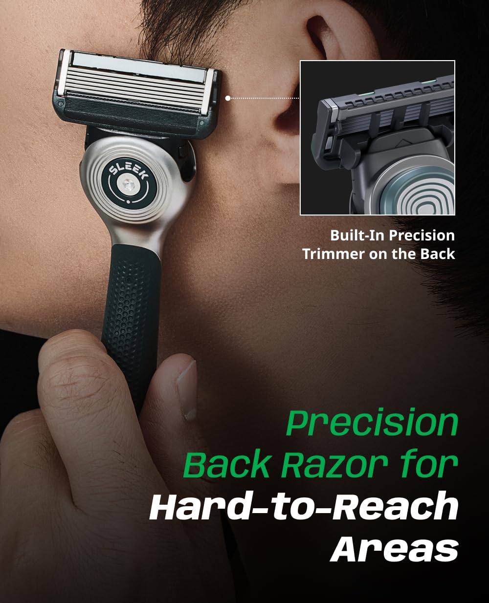 DORCO sleek in-use shaving jawline shot illustrating smooth, close shave benefit