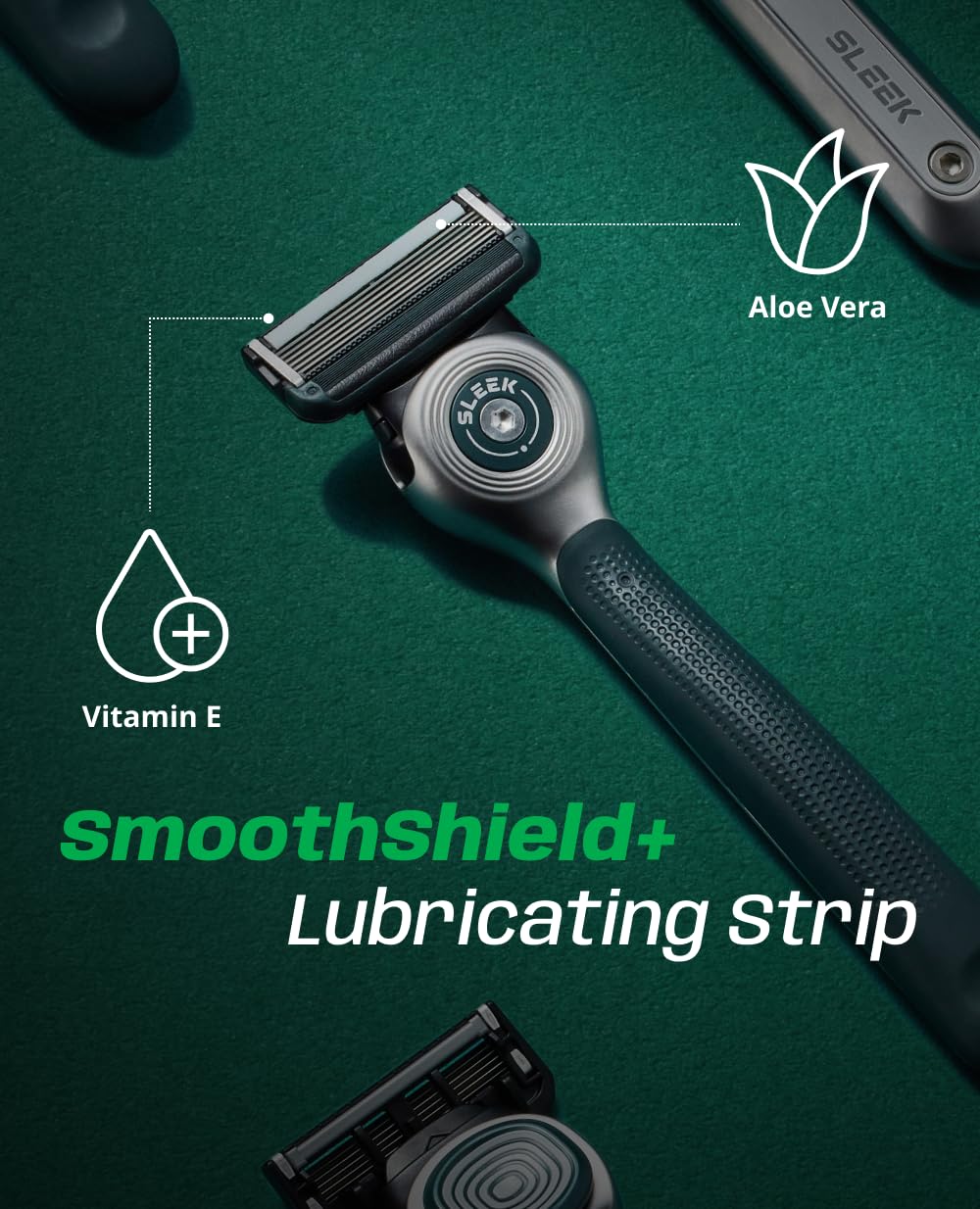 DORCO sleek lubrication strip close-up with Vitamin E and aloe for soothing glide