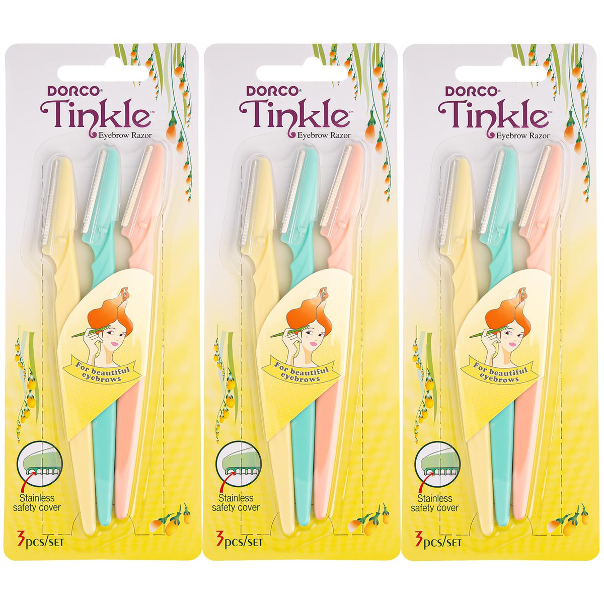 DORCO Tinkle front packaging showing nine razors and packs for easy storage