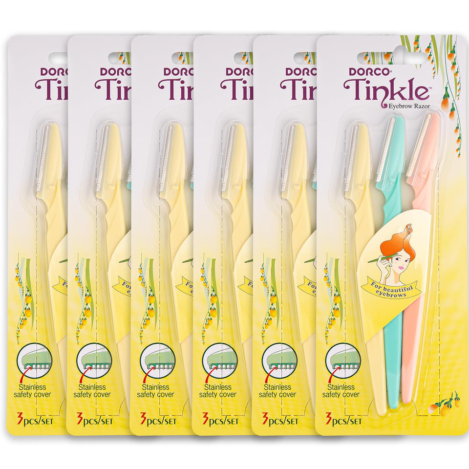 DORCO Tinkle front packaging showing 18 razors and protective covers for convenience