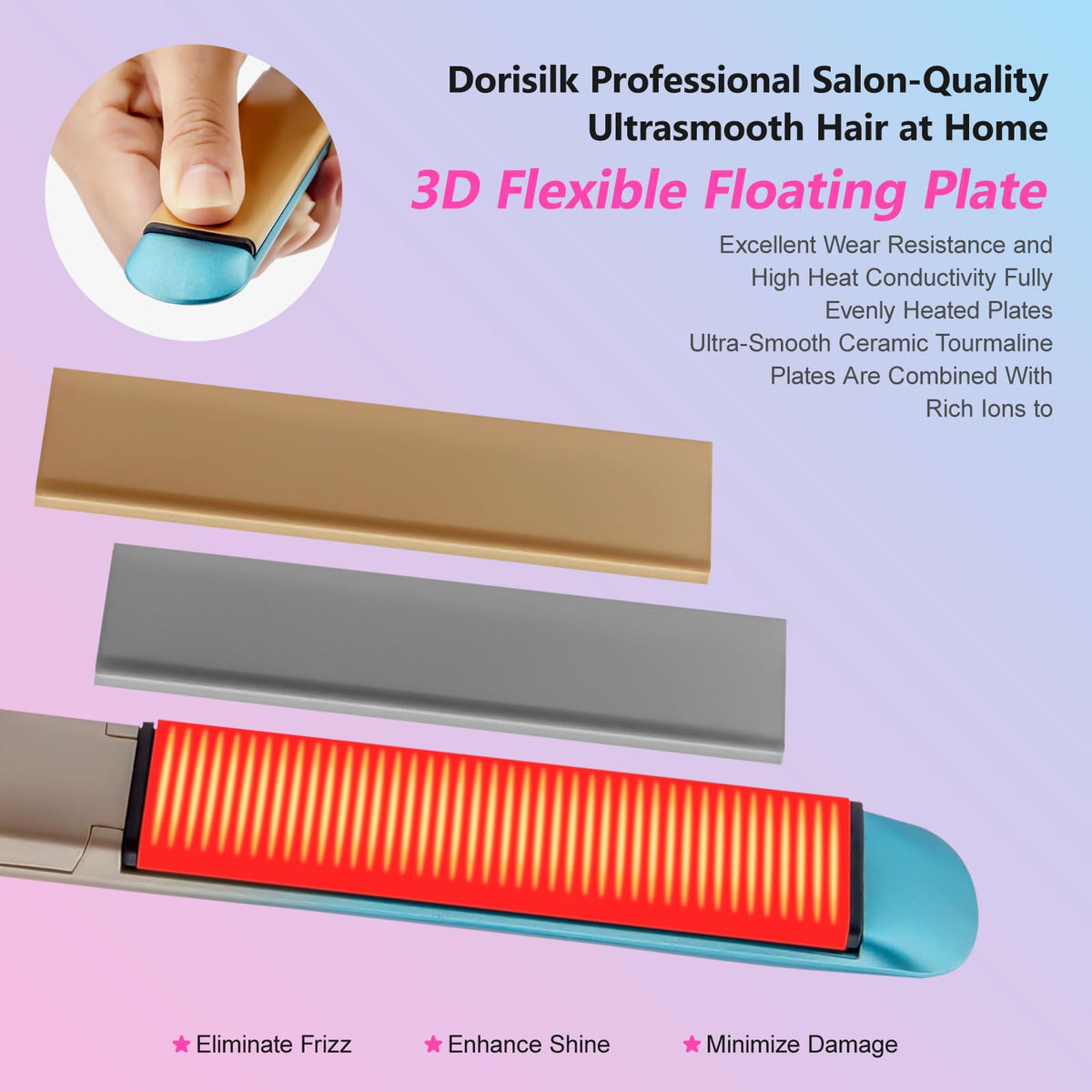 DORISILK close-up of ceramic tourmaline plates showing smooth finish and frizz reduction
