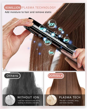 DORISILK flat iron held in hand showing compact size and control