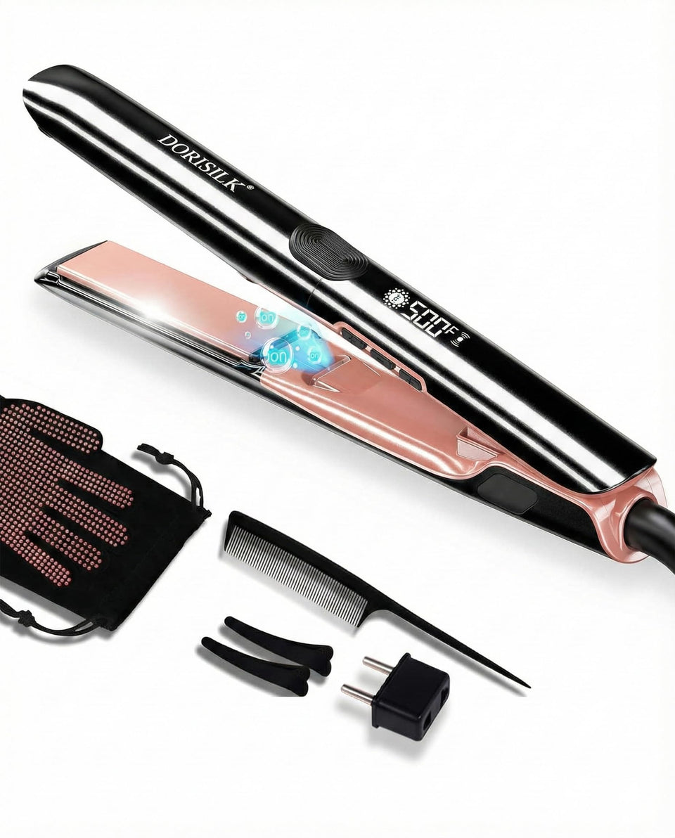 DORISILK front view of flat iron showing sleek design and fast heat