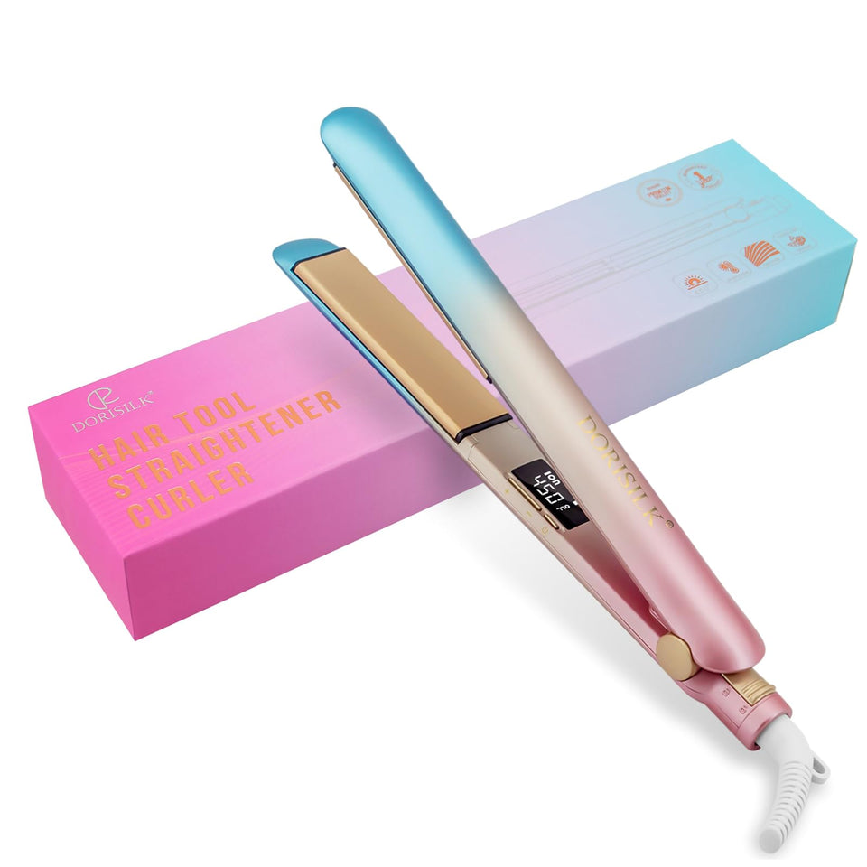 DORISILK front view showing colorful flat iron and packaging, highlights convenience