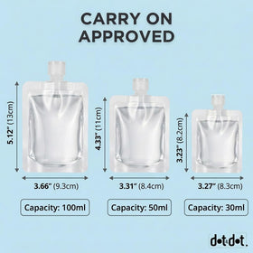 Dot&Dot flat pouches laid out to compare 100ml, 50ml, and 30ml sizes