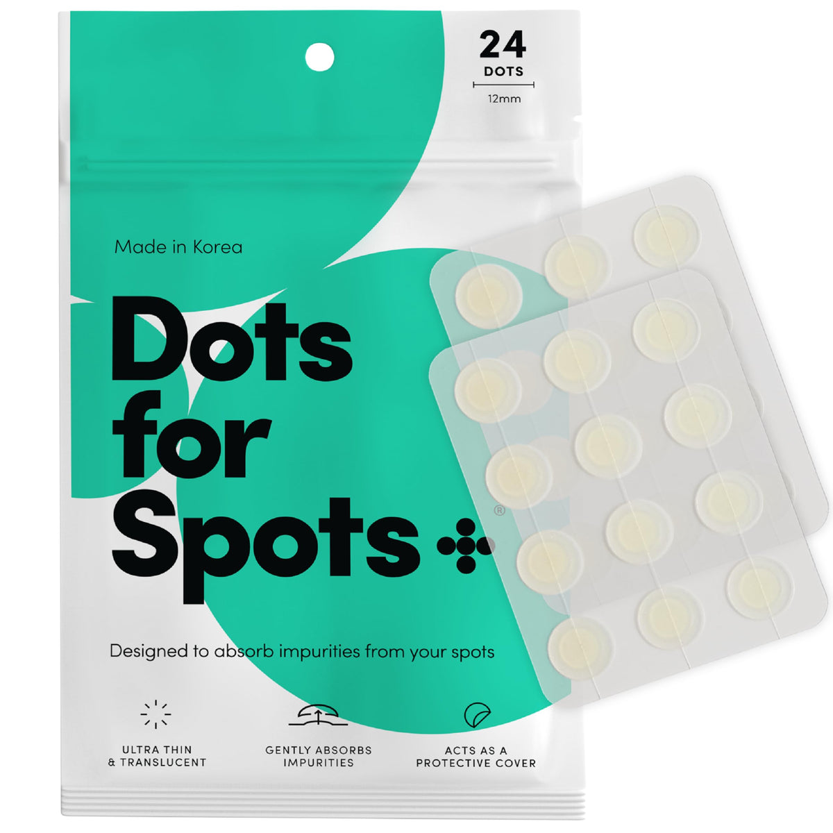 Dots for Spots front pack showing 24-count, discreet blemish care
