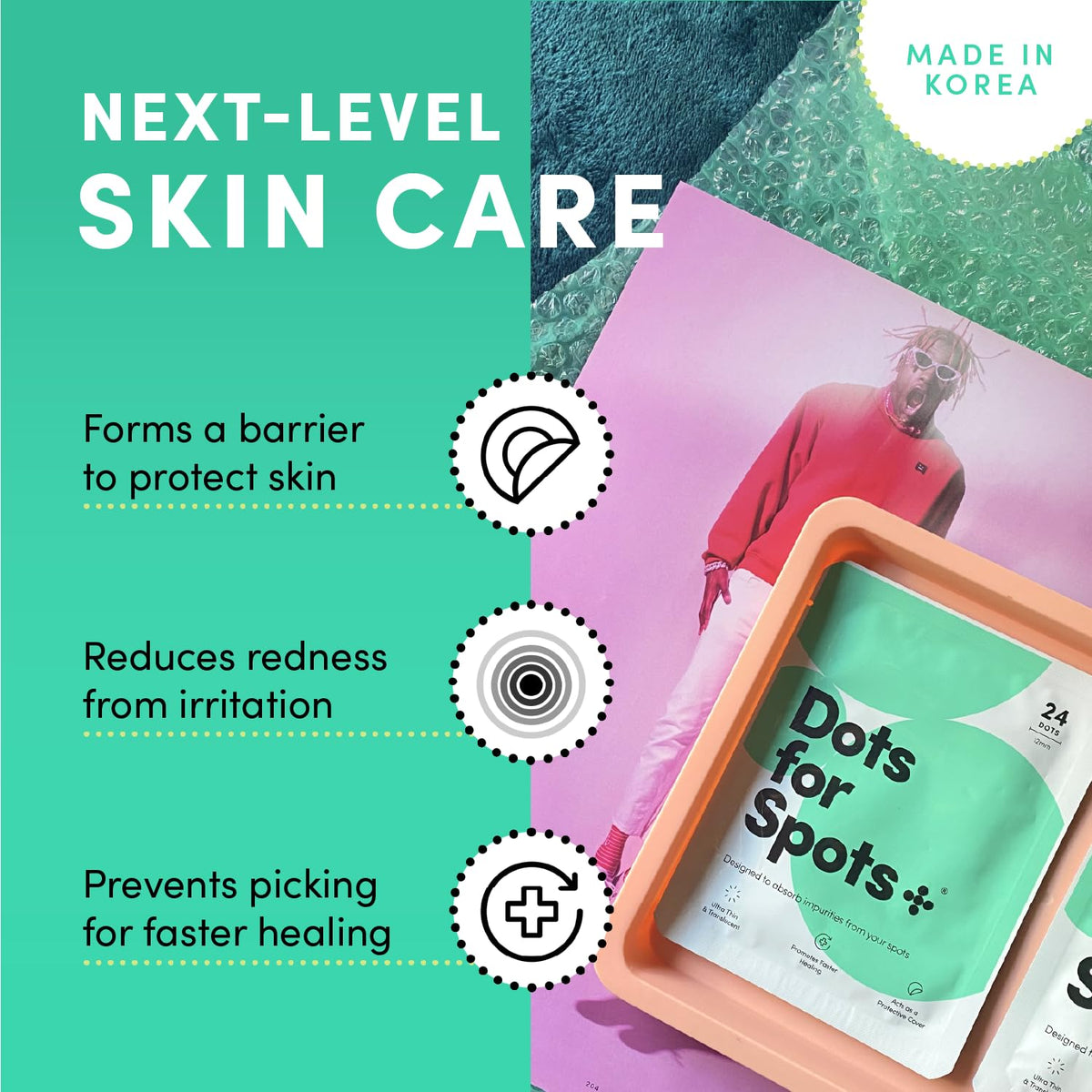 Dots for Spots patch blended under light makeup, discreet concealment benefit