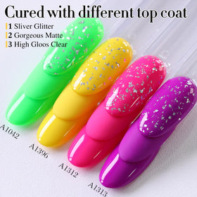 Double Rhythm applied on nails in a short manicure showing glossy finish