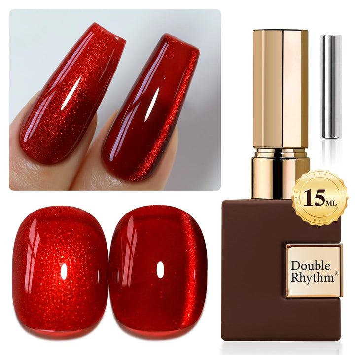 Double Rhythm front bottle shot showing blood red magnetic polish and packaging benefit: clear product view