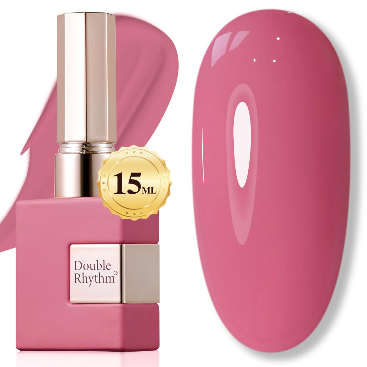 Double Rhythm bottle front view showing rose pink shade and glossy finish benefit