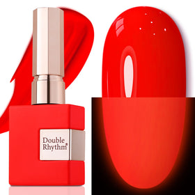 Double Rhythm bottle front view showing neon red shade and clear branding for vivid color