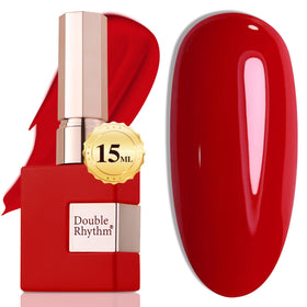 Double Rhythm bottle front view showing brick red color and label benefits