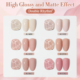 Double Rhythm brush spreading smooth gel texture for even coverage and fewer coats