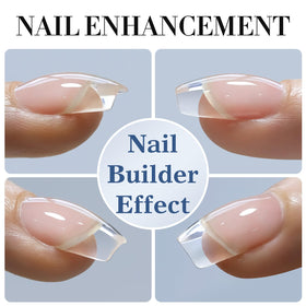 Double Rhythm gel texture drop highlighting self-leveling formula and thickening effect