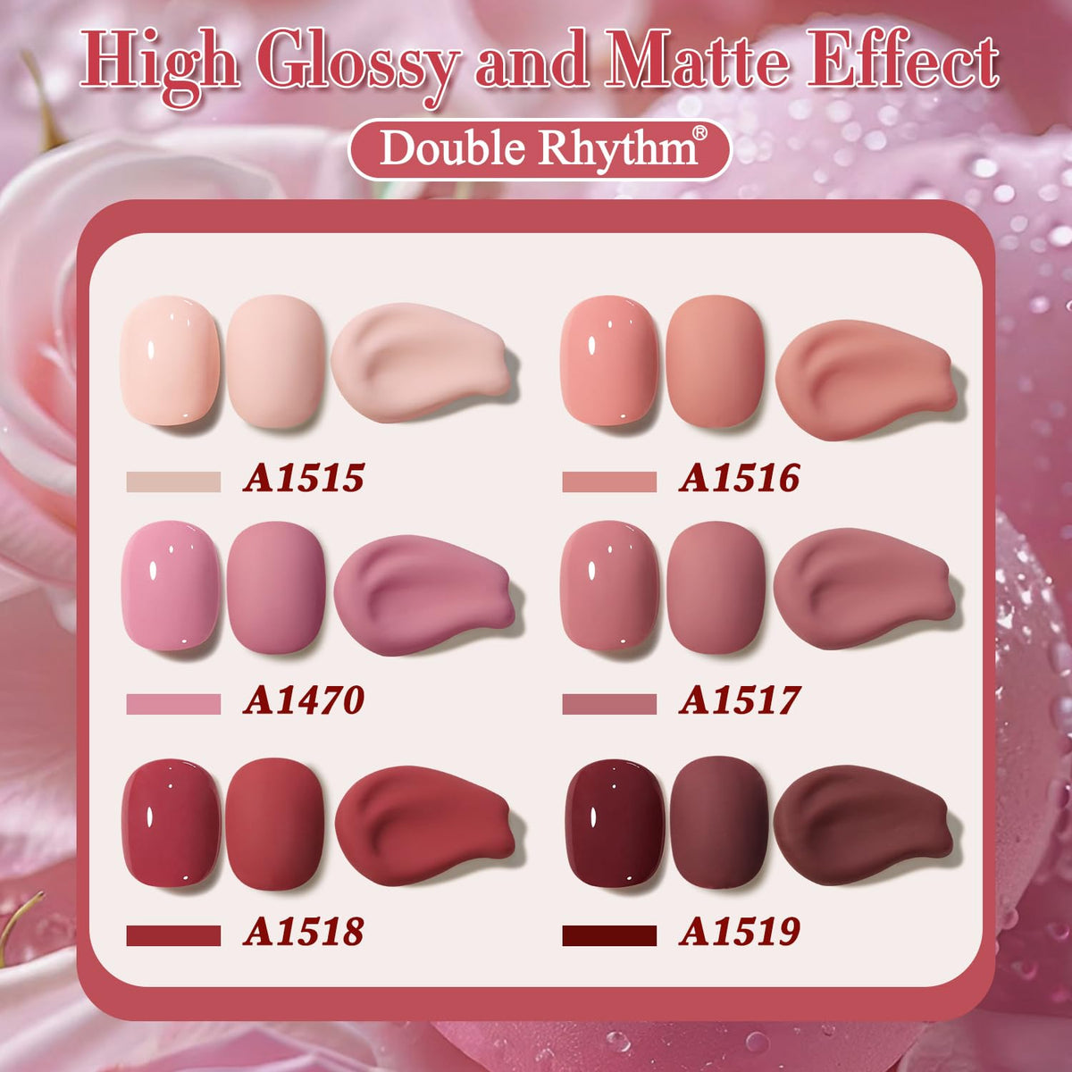 Double Rhythm color swatch array laid out to compare burgundy pink and nude tones