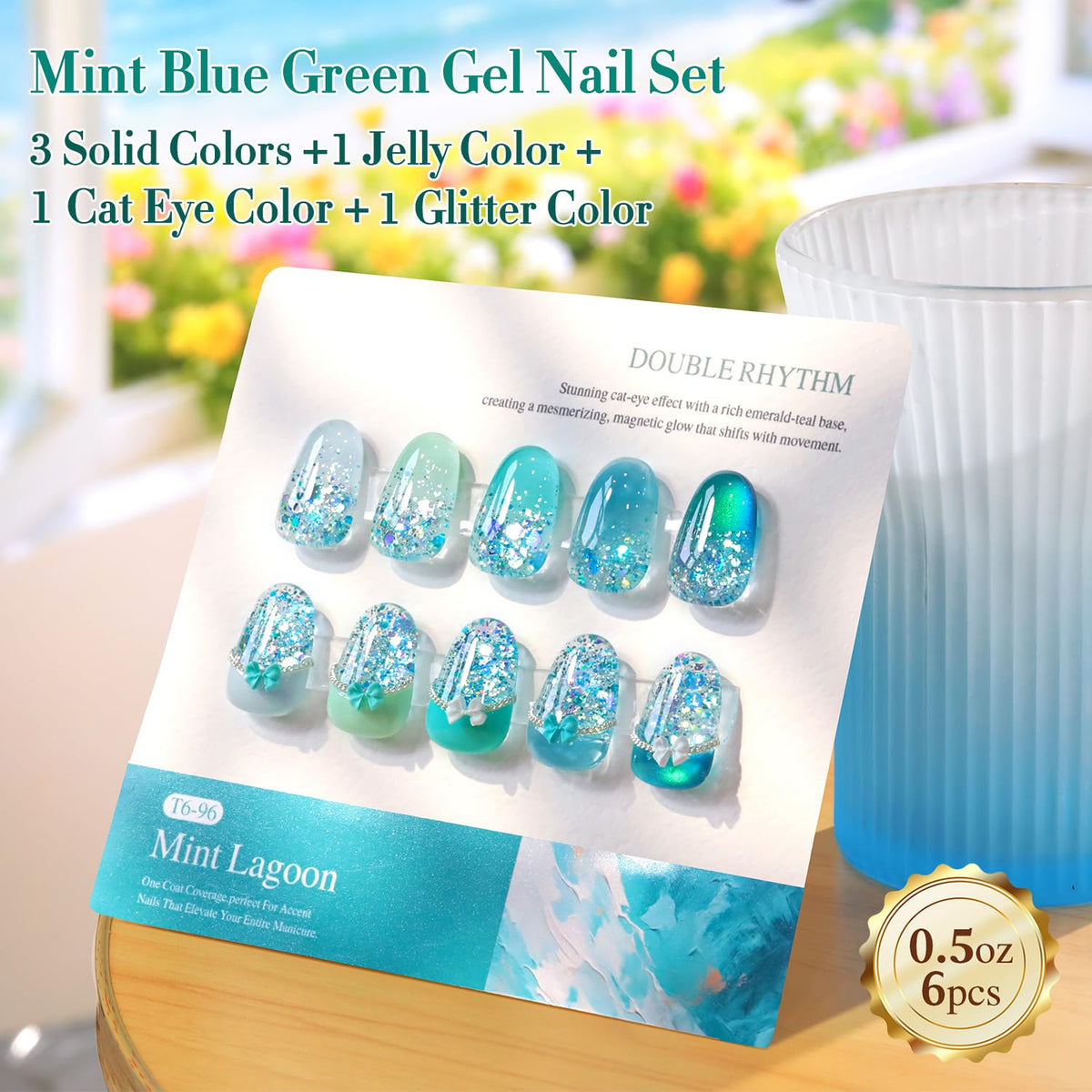 Double Rhythm color swatch on hand model demonstrating rich mint teal coverage