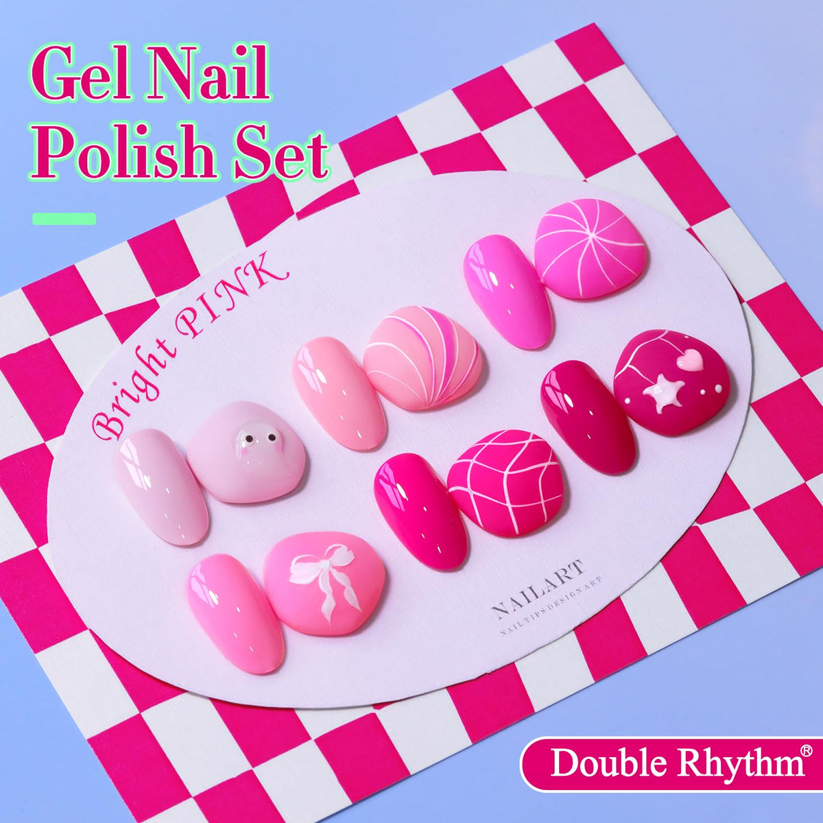 Double Rhythm color swatch strip showing neon pink to purple shades for accurate selection
