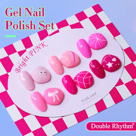 Double Rhythm color swatch strip showing neon pink to purple shades for accurate selection