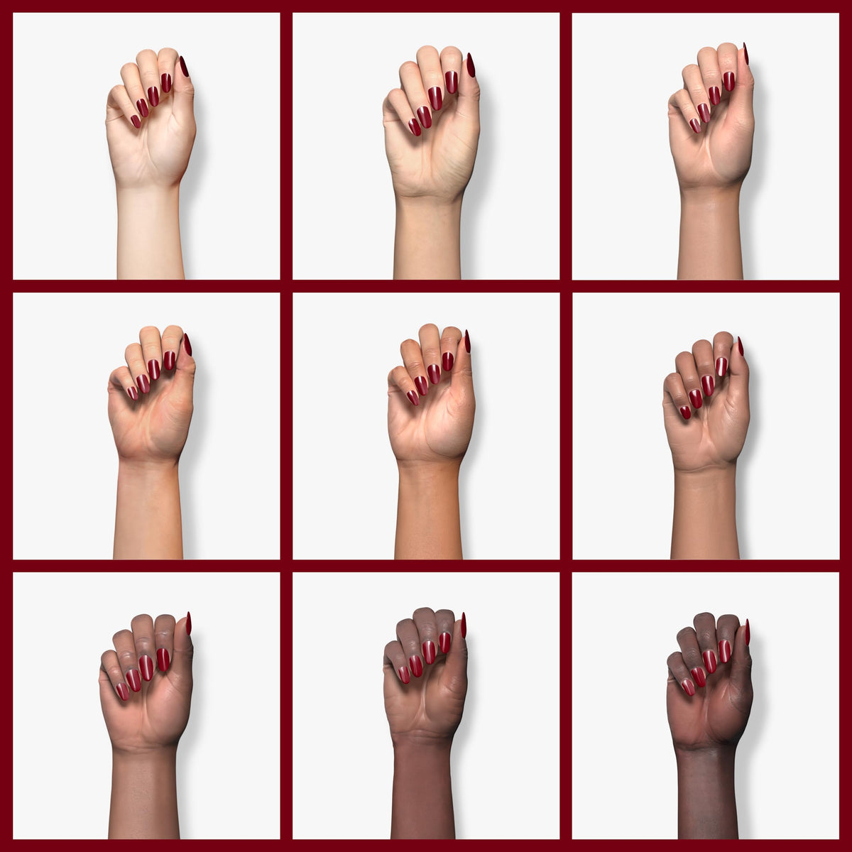 Double Rhythm nail swatch wheel displaying true A1104 dark red tones