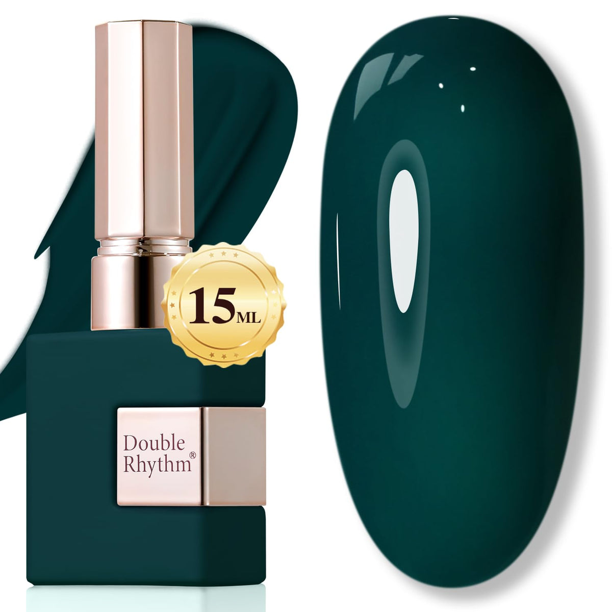 Double Rhythm bottle front view showing deep green shade and professional size