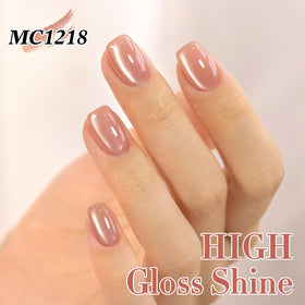 Double Rhythm finished manicure on hands showing glossy, dimensional nails benefit