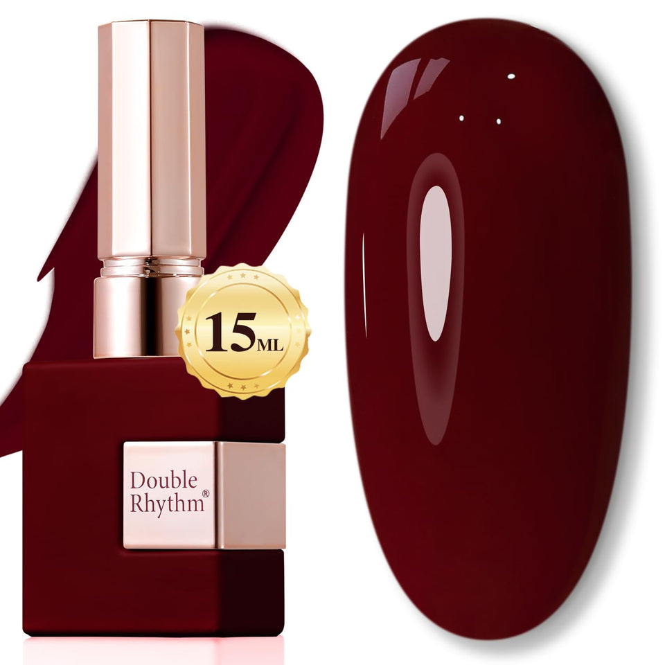 Double Rhythm front bottle dark burgundy showing color and benefit of buildable depth