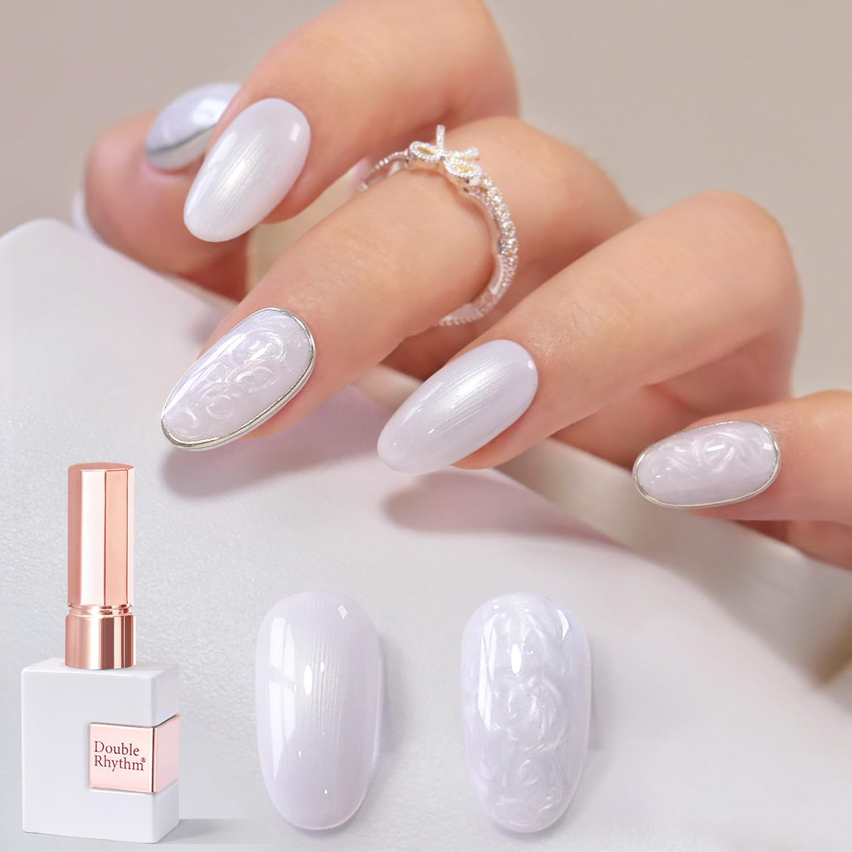 Double Rhythm front bottle pearl white showing true shade and benefit: consistent color