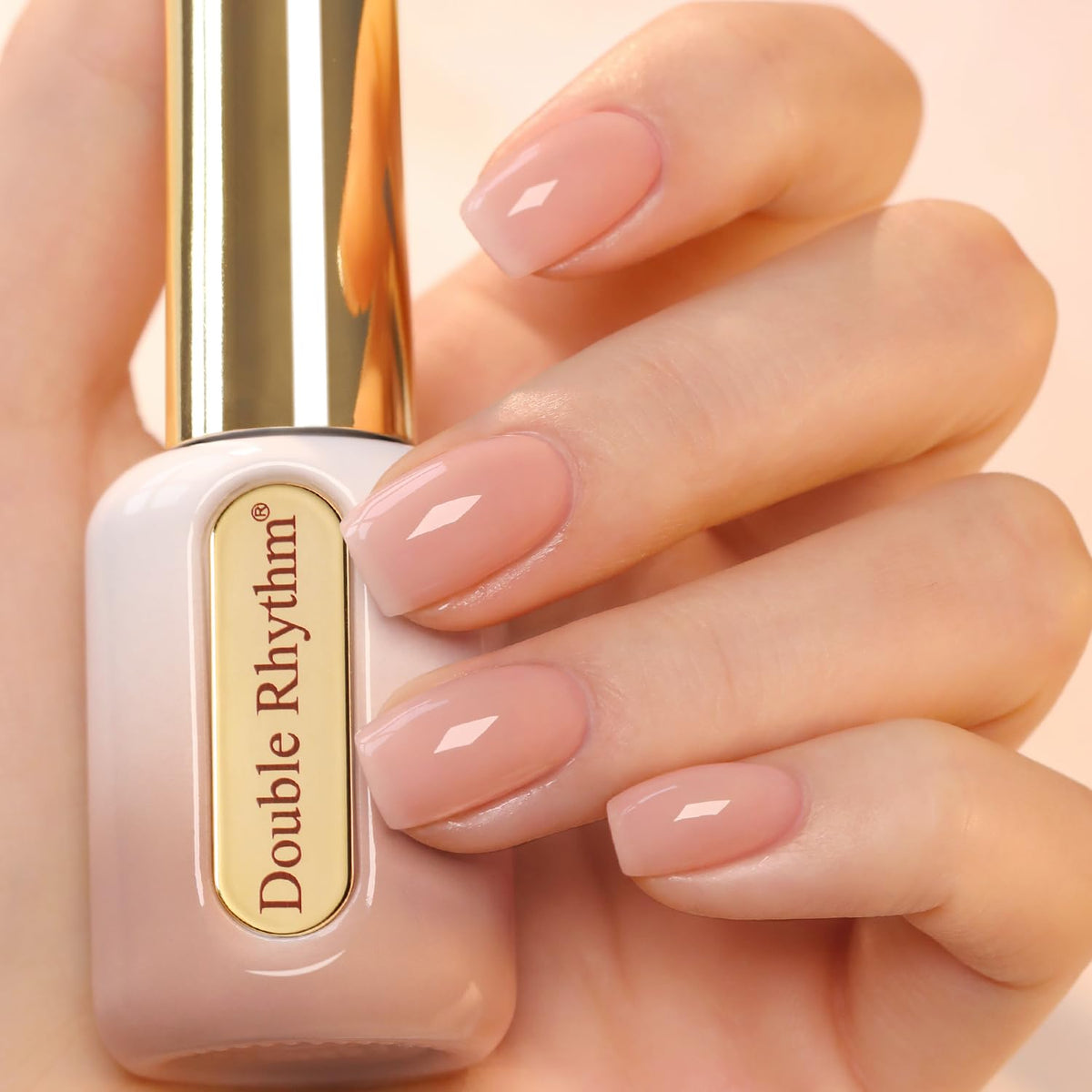 Double Rhythm front bottle showing nude pink shade and bottle match for easy selection