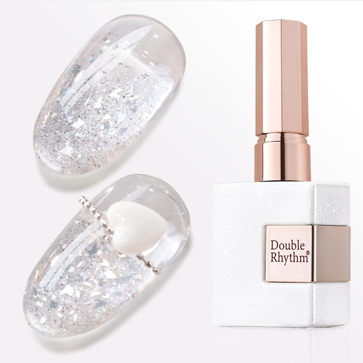 Double Rhythm front bottle view showing reflective glitter finish and brand